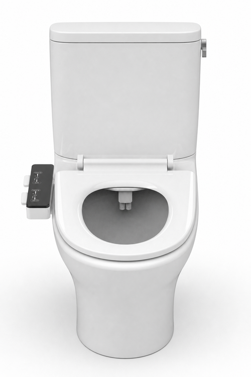 Kit bidet pour WC japonais EEZZE installé sur cuvette blanche - Vue de face